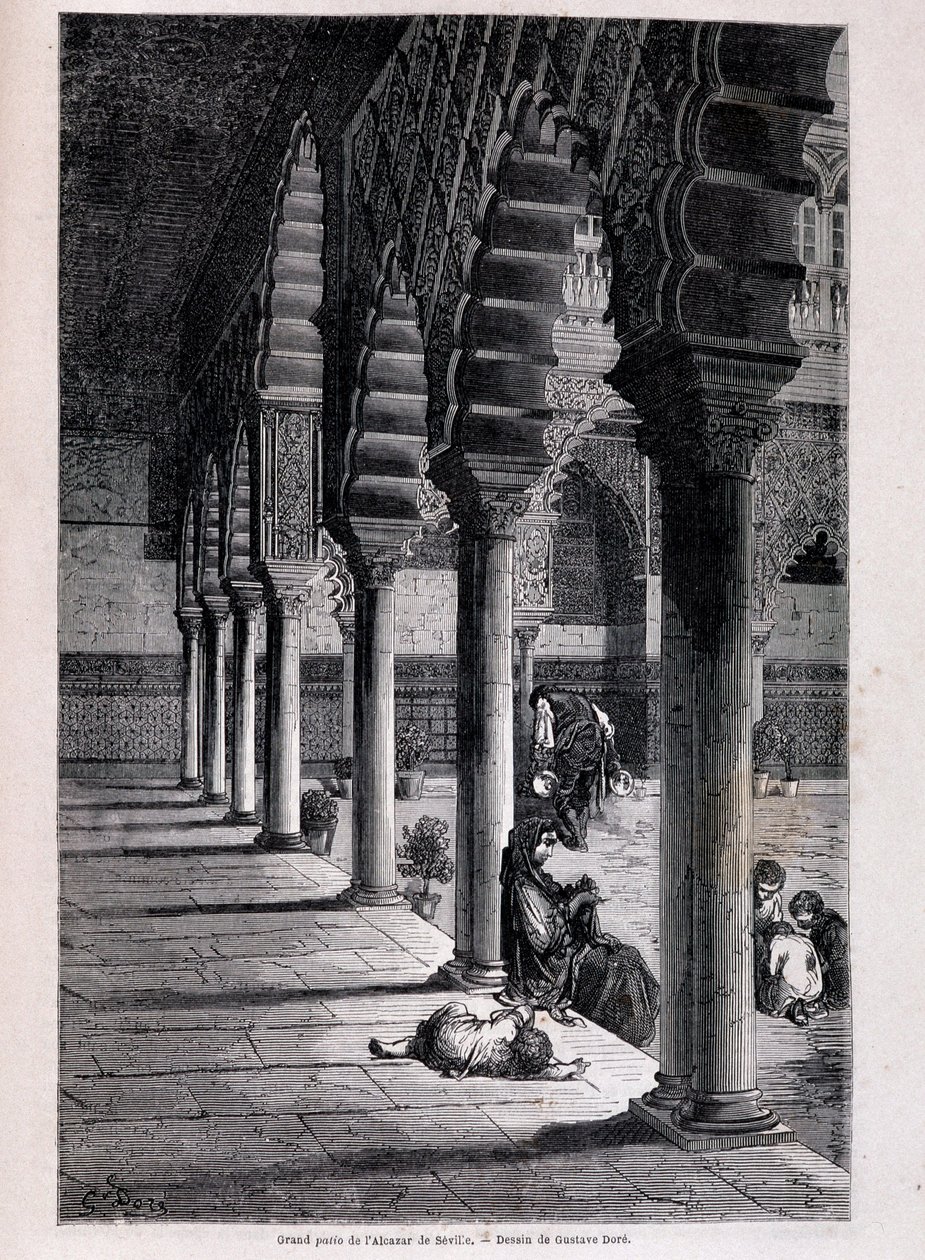 Uitzicht op de grote patio van het Alcazar in Sevilla - door Doré, in "Tour du Monde", 2e semester 1866. door Gustave Dore