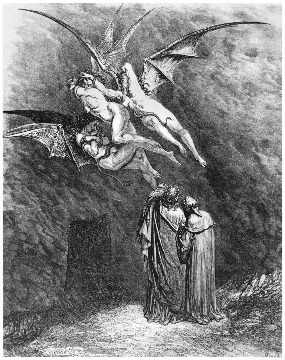 Virgil, Dante en de Erinyes, illustratie uit 