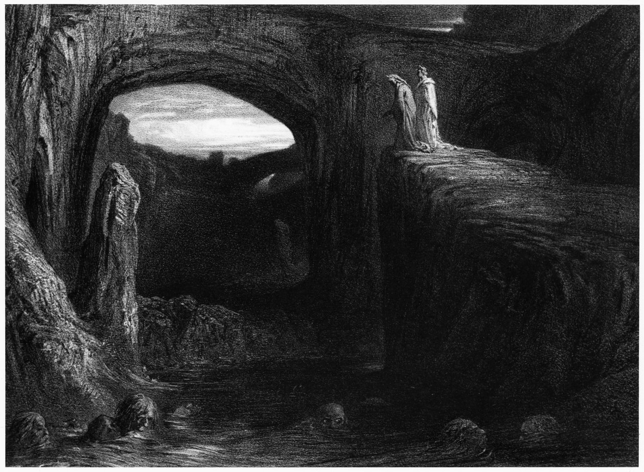 Virgil (70-19 v.Chr.) en Dante betreden de Hel, illustratie uit 