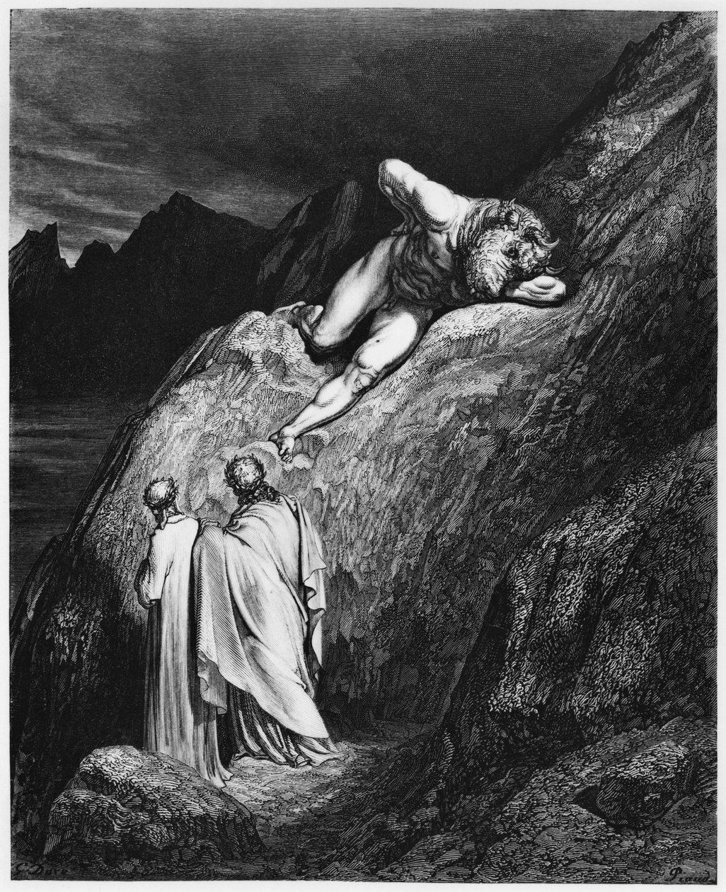 Virgil (70-19 v.Chr.) en Dante, illustratie uit 