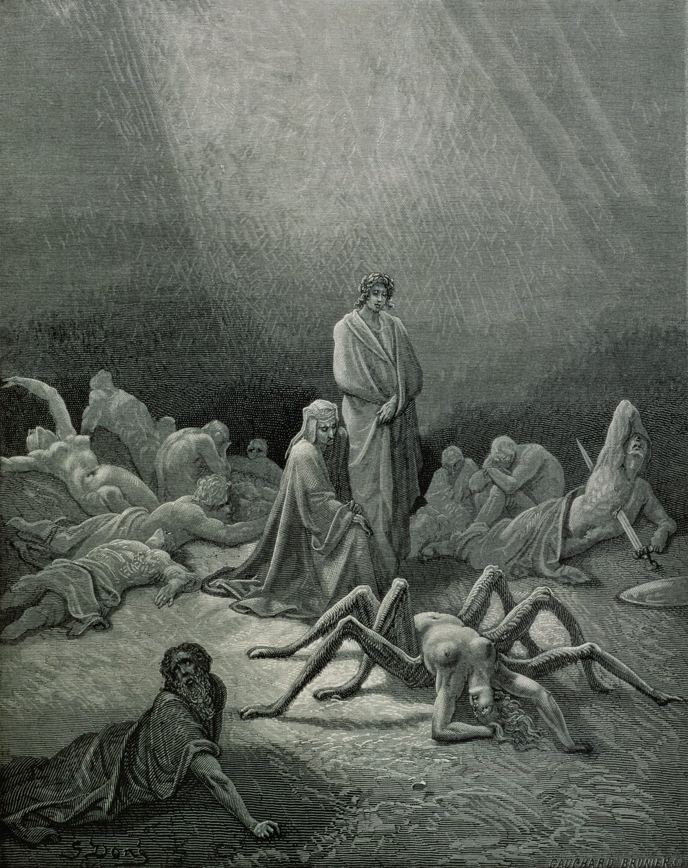 Vergilius (70-19 v.Chr.) en Dante kijken naar de spinnenvrouw, illustratie uit 