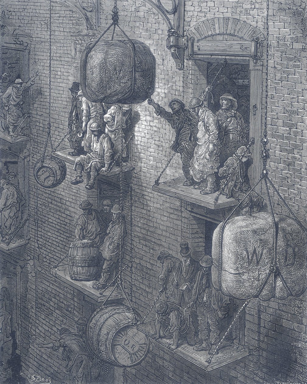 Pakhuizen in de stad Londen. Uit Gustave Dore en Blanchard Jerrold Londen: Een Pelgrimage Londen 1872. door Gustave Dore