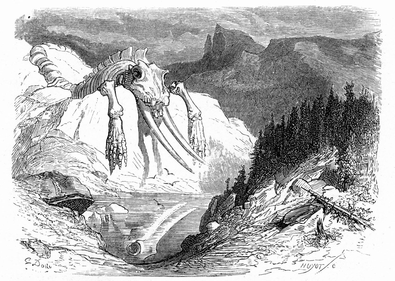 Gravure door Gustave Doré rond 1850: evocatie van een apocalyptische zondvloed waarbij verschillende monsterlijke dieren op de berg zijn gevallen. Illustratie van het boek van Hippolyte Taine "Reis naar de Pyreneeën", waarin de aanwezigheid van fossiele bo door Gustave Dore
