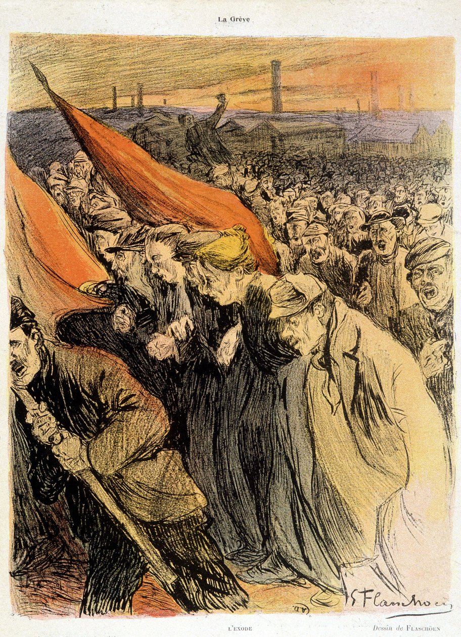 Gebogen menigte met rode vlaggen, "La Grève" door Flaschoën, begin 20e eeuw. door Gustave Flasschoen