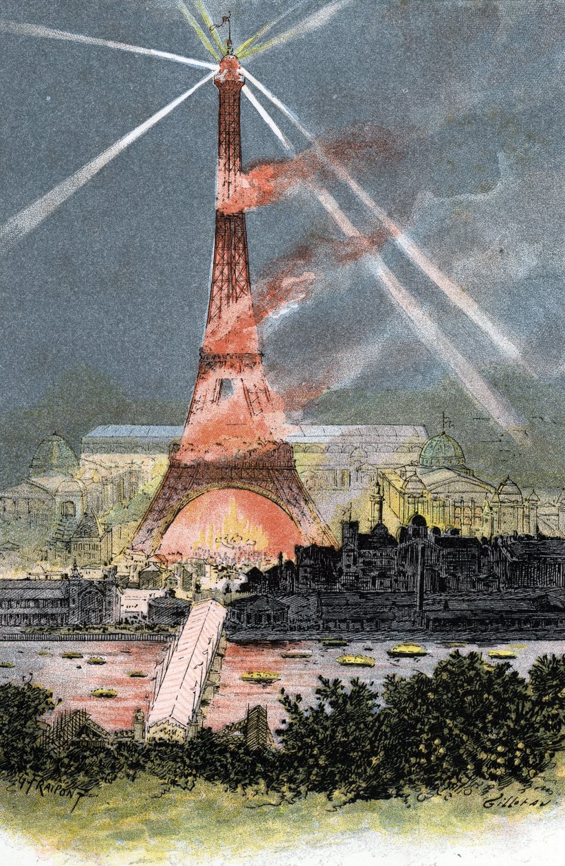 Eiffeltoren verlicht tijdens de wereldtentoonstelling in Parijs 1889 Tekening door Gustave Fraipont (1849-1923) uit 