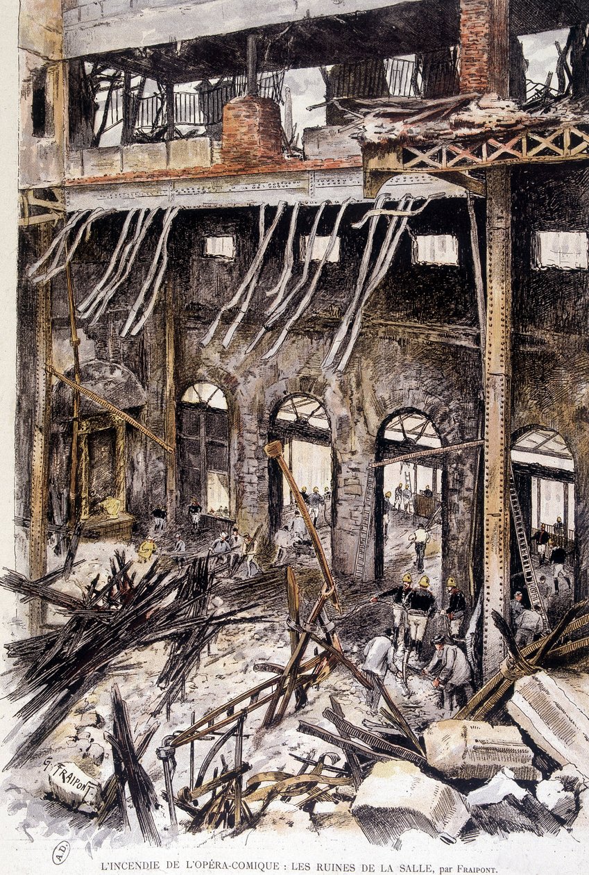 Brandweerlieden werken in de ruïnes van de zaal van de opera comique de Paris na de brand, door Fraipont door Gustave Fraipont