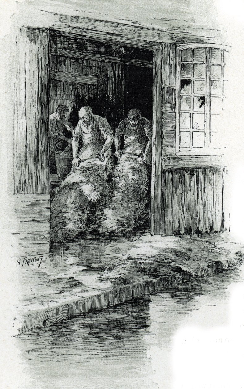 Leerlooiers in de rue des Gobelins in Parijs door Gustave Fraipont