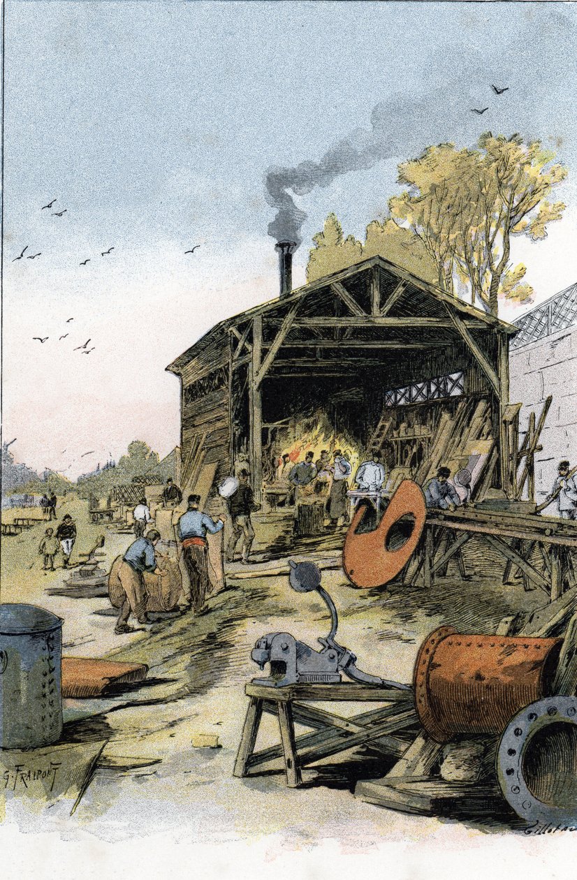 Reparaties van boten in de smederij van Point du Jour nabij Boulogne-Billancourt door Gustave Fraipont