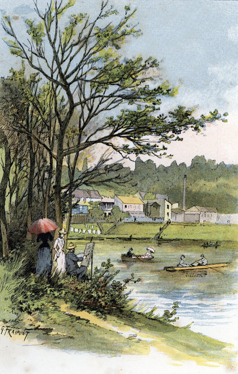 Zondagwandelaars aan de Seine in Bas-Meudon (Meudon-sur-Seine) Tekening door Gustave Fraipont (1849-1923) uit Saint-Juirs door Gustave Fraipont
