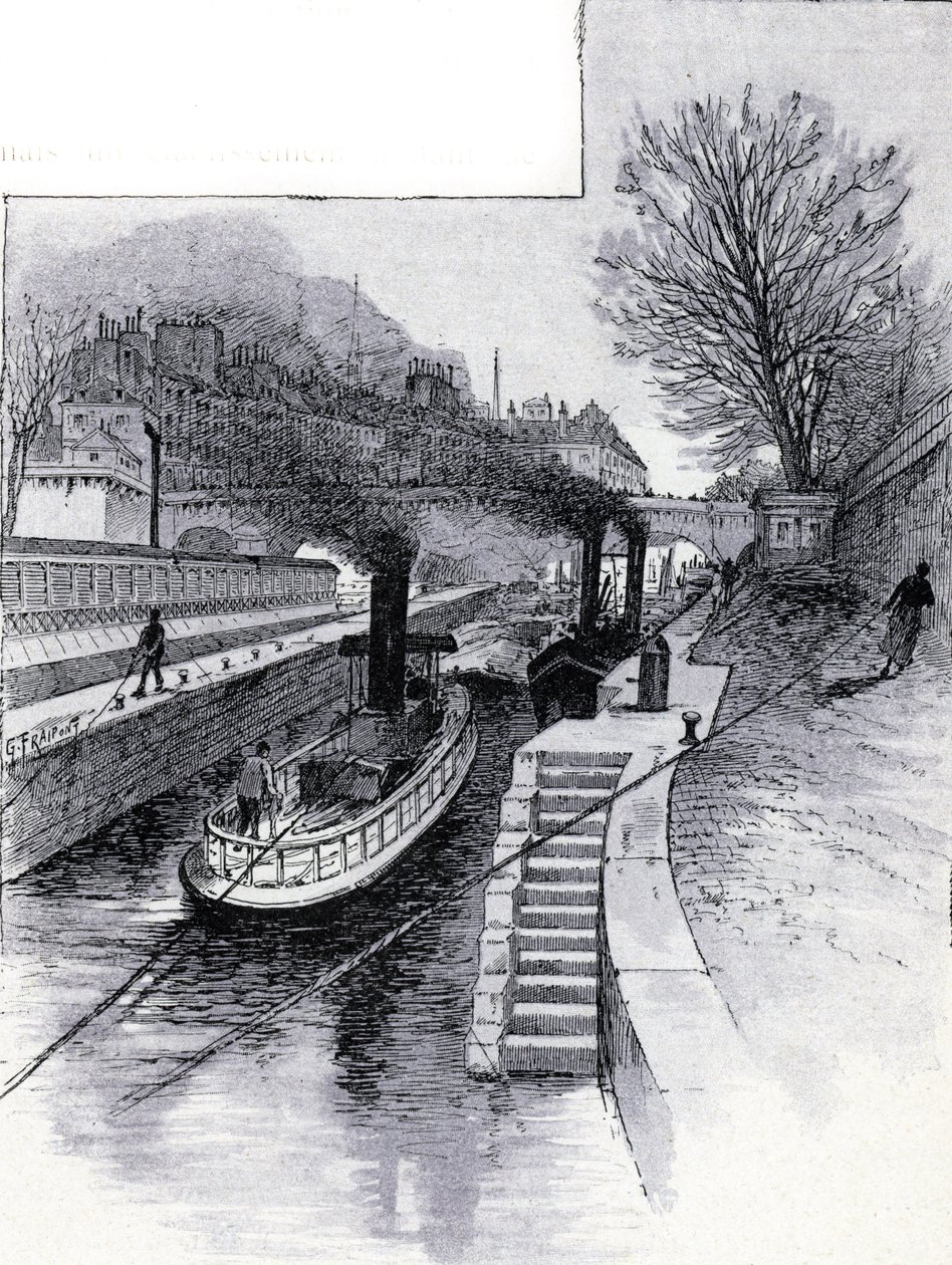 Sleepboten bij de sluis op de rivier de Seine voor het Hôtel des Monnaies, Parijs Tekening door Gustave Fraipont (1849-1923) uit Saint-Juirs door Gustave Fraipont