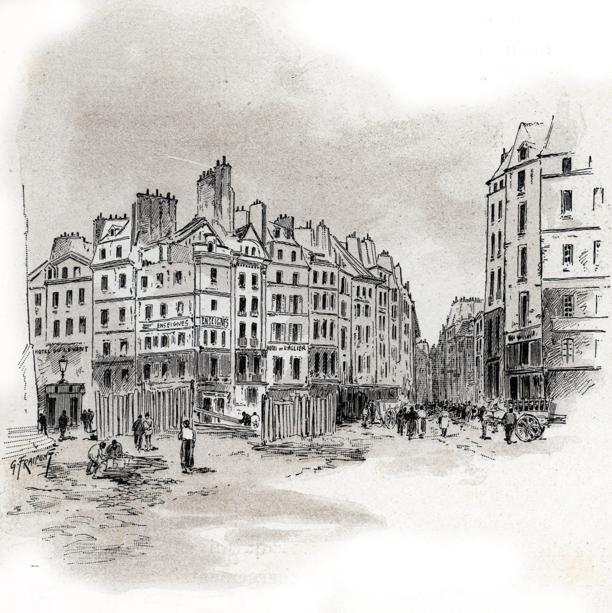 Uitzicht op Place Maubert, Parijs Tekening door Gustave Fraipont (1849-1923) uit 