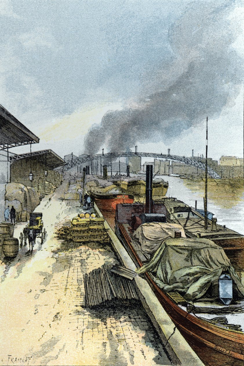 Uitzicht op het Canal de la Villette in Parijs. Tekening door Gustave Fraipont (1849-1923) uit Saint-Juirs door Gustave Fraipont