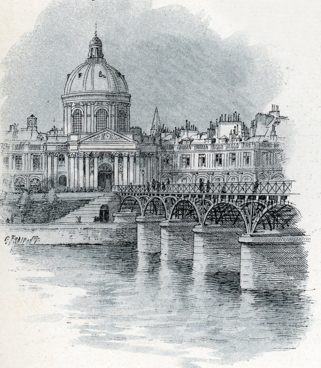 Uitzicht op het Institut de France en de Pont des Arts in Parijs Tekening door Gustave Fraipont (1849-1923) uit Saint-Juirs