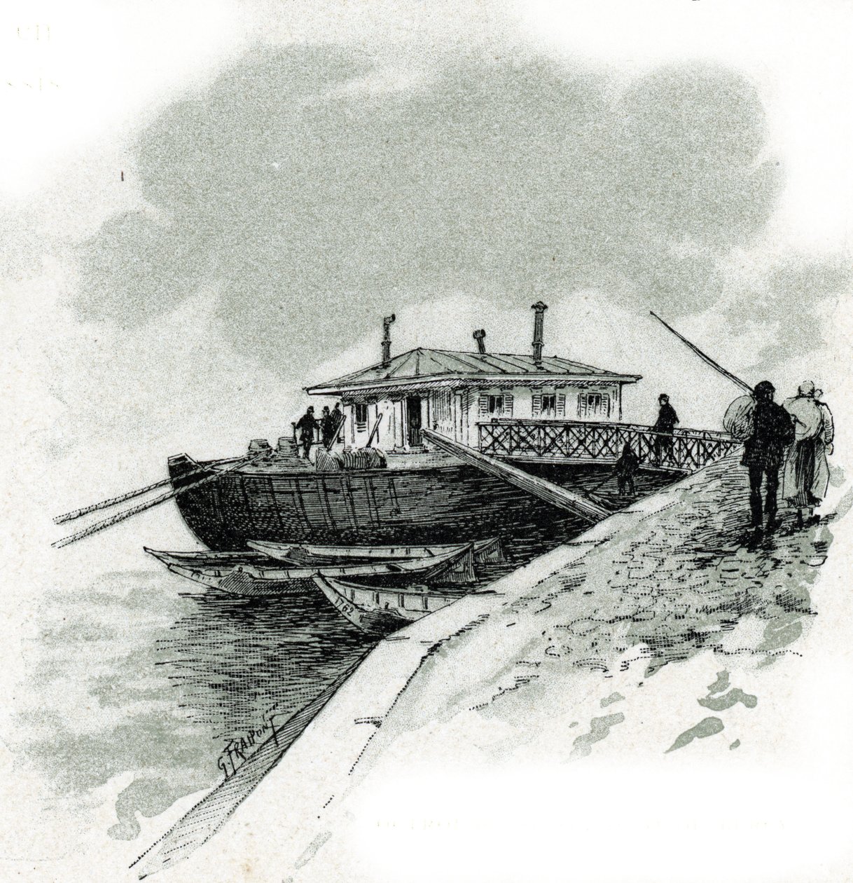 Uitzicht op de boot waar handelaren de tol van de Seine betaalden om goederen te mogen importeren, quai de Bercy in Parijs door Gustave Fraipont