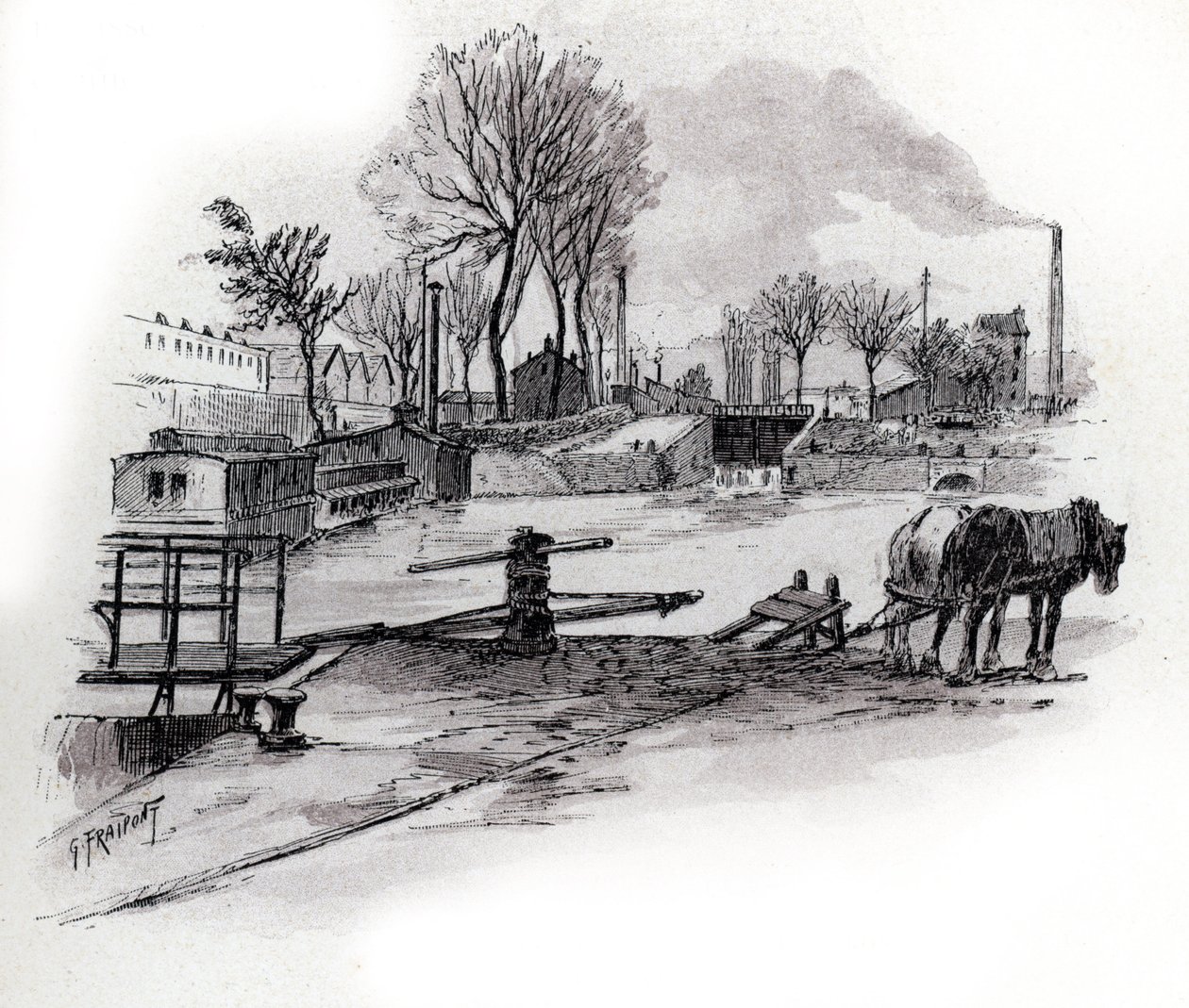 Uitzicht op het kanaal Saint-Denis en quai de la Gironde in La Villette, Parijs Tekening door Gustave Fraipont (1849-1923) uit Saint-Juirs door Gustave Fraipont