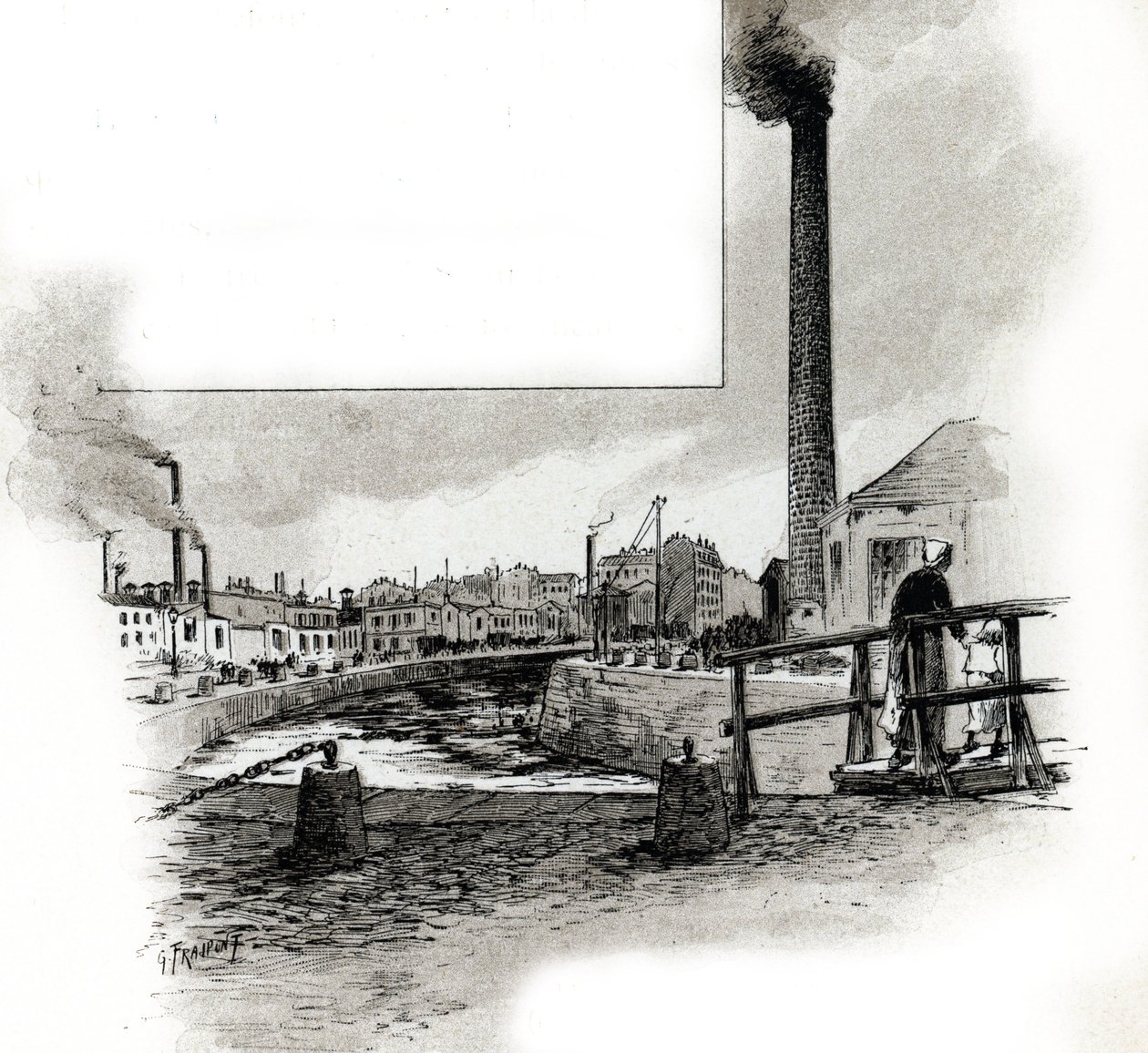 Uitzicht op de droge rivierbedding van het kanaal Saint-Martin tijdens de schoonmaakperiode Tekening door Gustave Fraipont (1849-1923) uit 