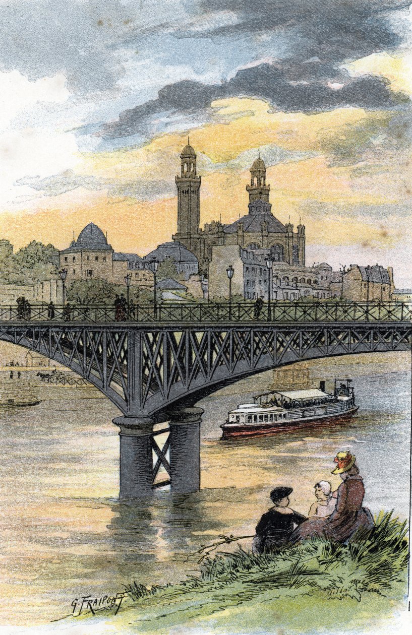 Uitzicht op de voetgangersbrug van Passy (nu brug van Bir Hakeim) in Parijs. Tekening door Gustave Fraipont (1849-1923) uit Saint-Juirs door Gustave Fraipont
