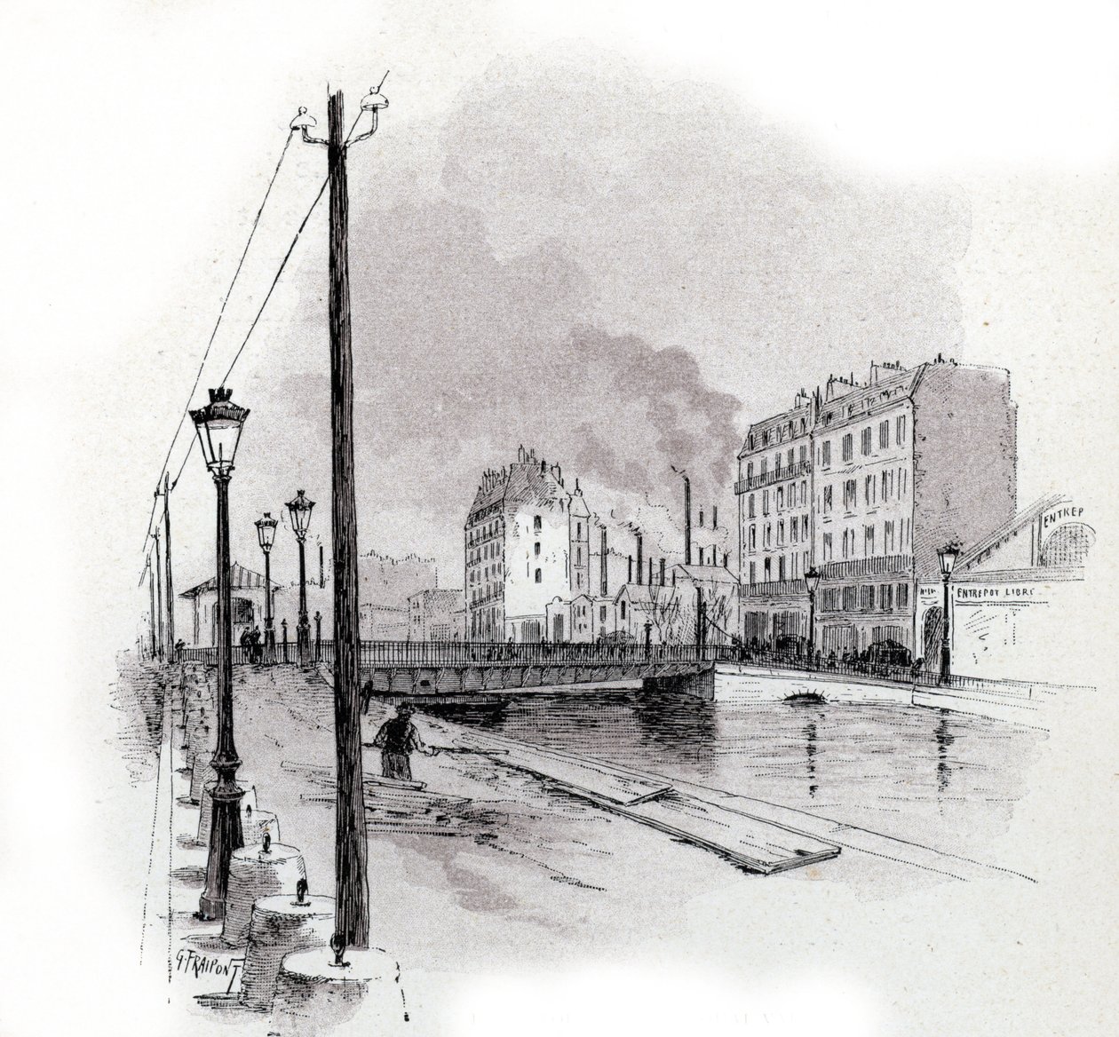 Uitzicht op de draaibrug van quai de Valmy aan het kanaal Saint Martin, Parijs. Tekening door Gustave Fraipont (1849-1923) uit Saint-Juirs door Gustave Fraipont