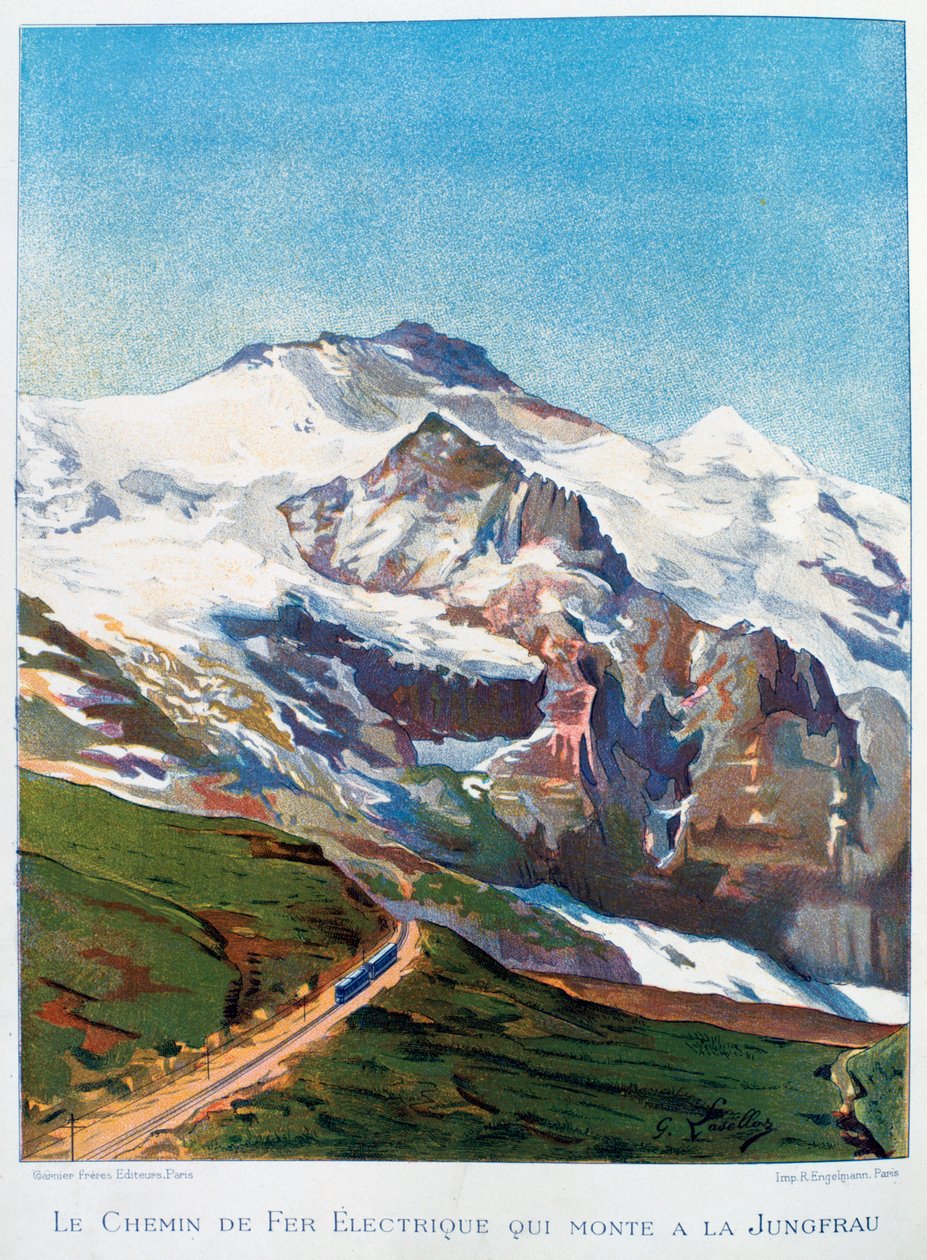 De elektrische spoorweg naar de Jungfrau, Zwitserse Alpen door Gustave Francois Lasellaz