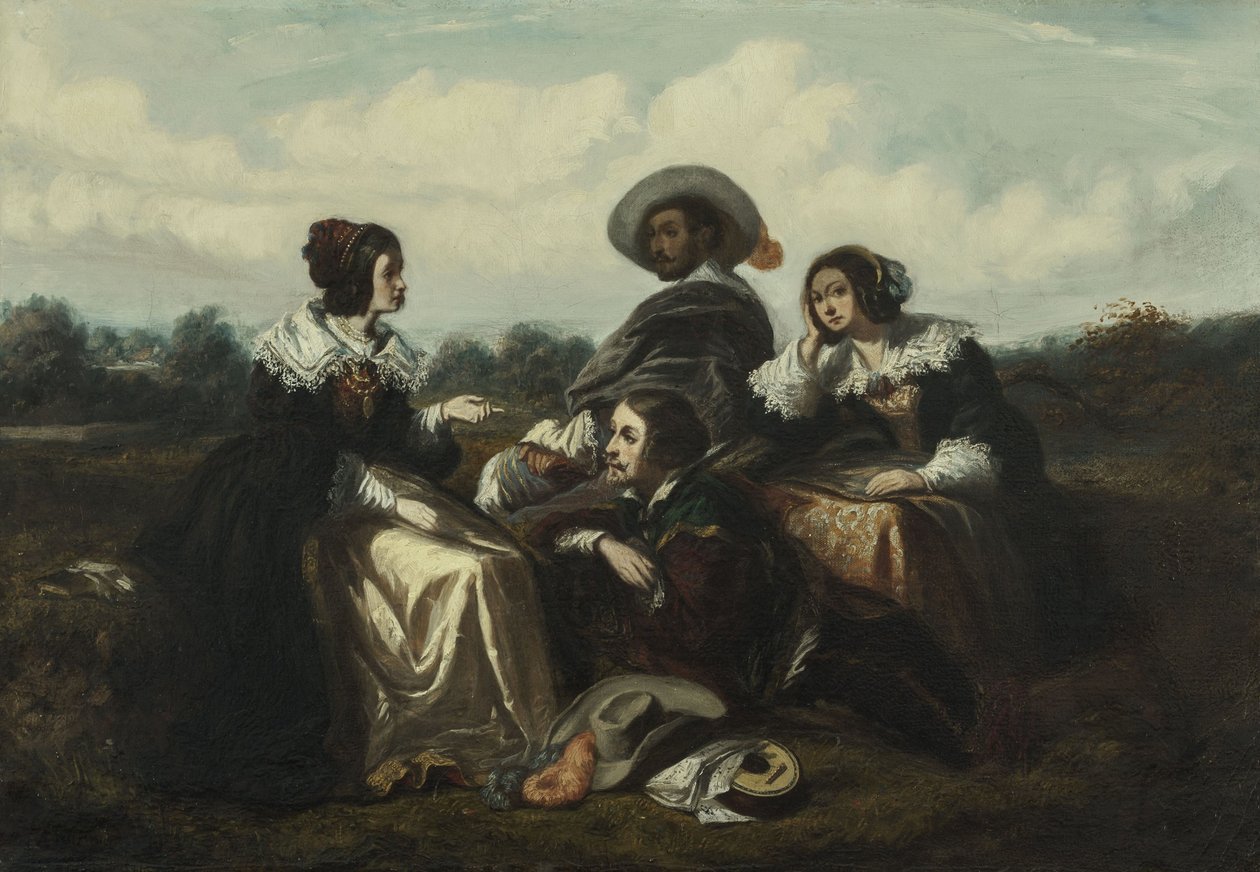 Het verhaal. Personages in Lodewijk XIII-kostuum, ca. 1830 (olieverf) door Gustave François Morin