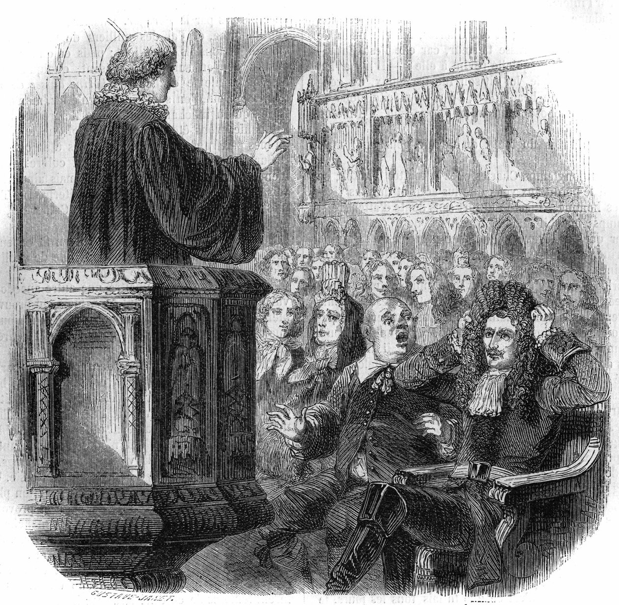 Peter de Grote (1672-1725), Russische tsaar, met zijn haar in de pruik van de burgemeester tijdens een bezoek aan een Nederlandse kerk in 1716. Gravure door Gustave Janet door Gustave Janet