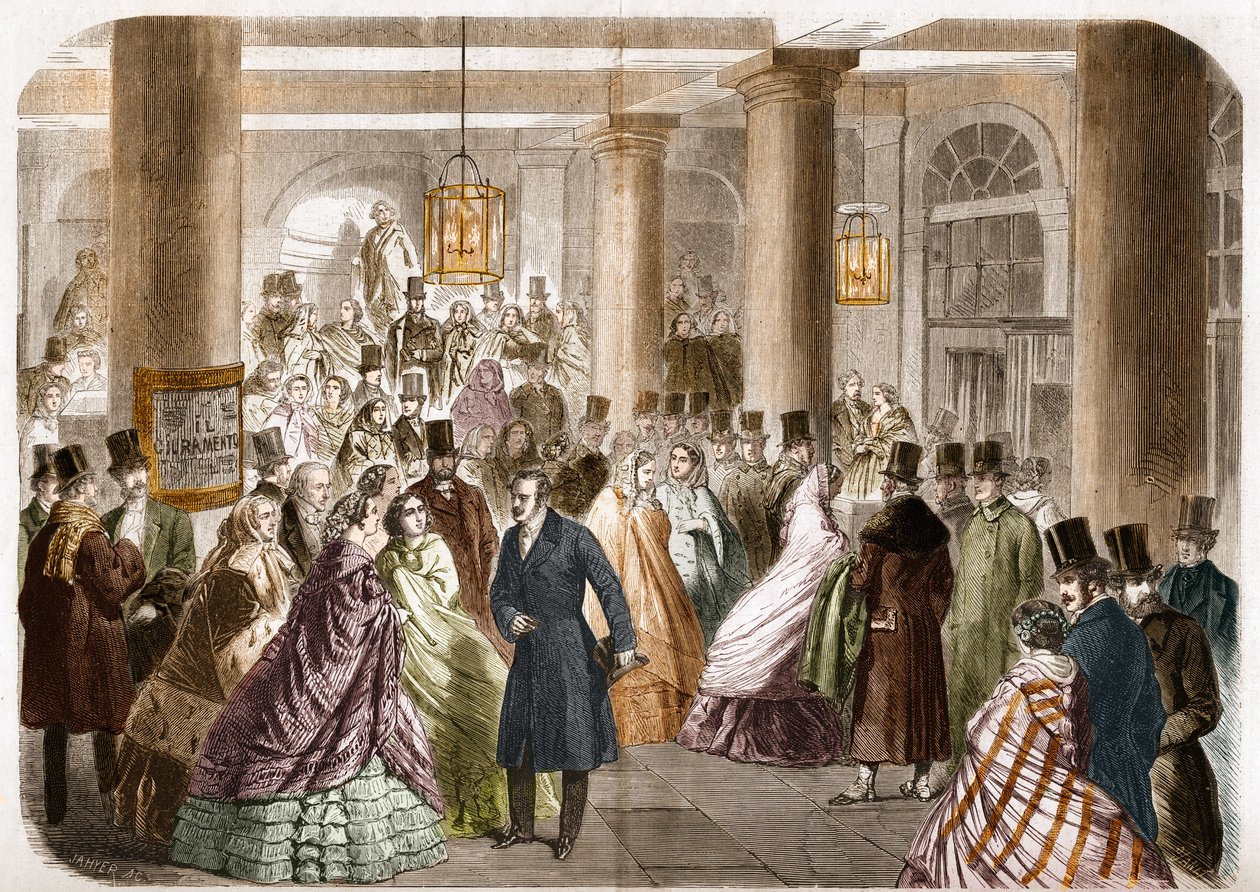 Het Italiaanse theater (Salle Ventadour) werd geopend in Parijs in 1858. Tekening door Gustave Janet, gravure door Jahyer. door Gustave Janet
