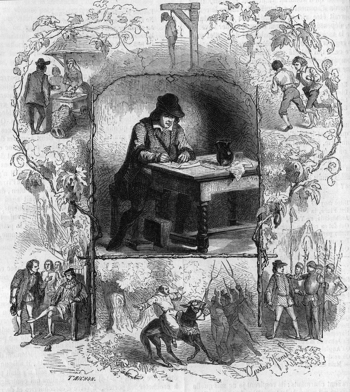 De dichter François Villon schrijft zijn testament omringd door verschillende episodes uit zijn leven. Gravure door Gustave Janet door Gustave Janet