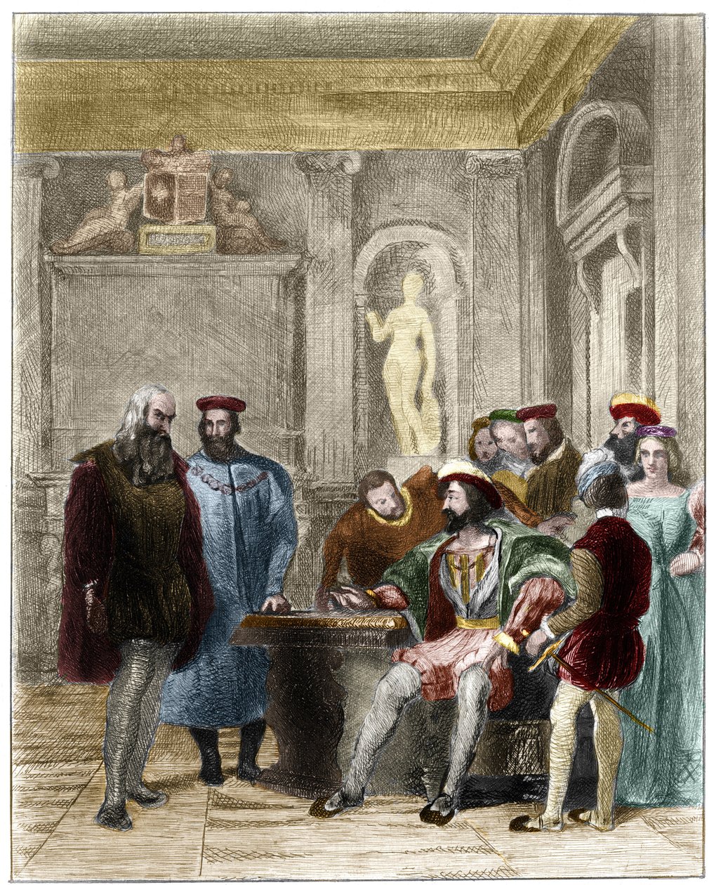 Leonardo da Vinci aan het hof van koning Frans I van Frankrijk (Leonardo da Vinci alla corte del re di Francia Francesco primo). 19e-eeuwse gravure door Gustave Greux. Privécollectie door Gustave Marie Greux