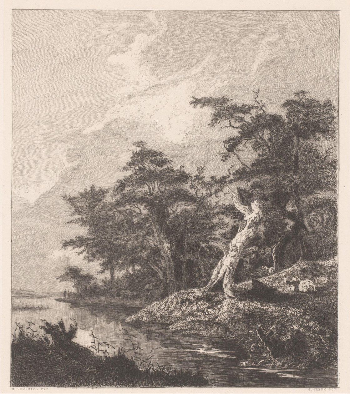 Rivierlandschap met rustende herder bij een boomstronk door Gustave Marie Greux