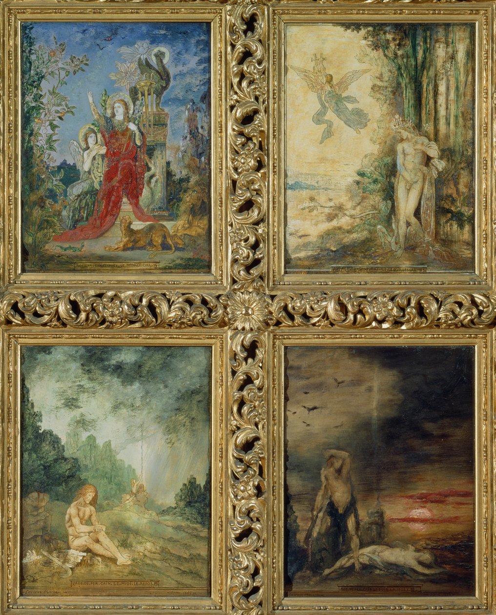 Mensheid: van boven naar beneden, twee scènes die het Zilveren Tijdperk vertegenwoordigen door Orpheus; twee scènes die het IJzeren Tijdperk vertegenwoordigen door Kaïn en Abel (detail) door Gustave Moreau