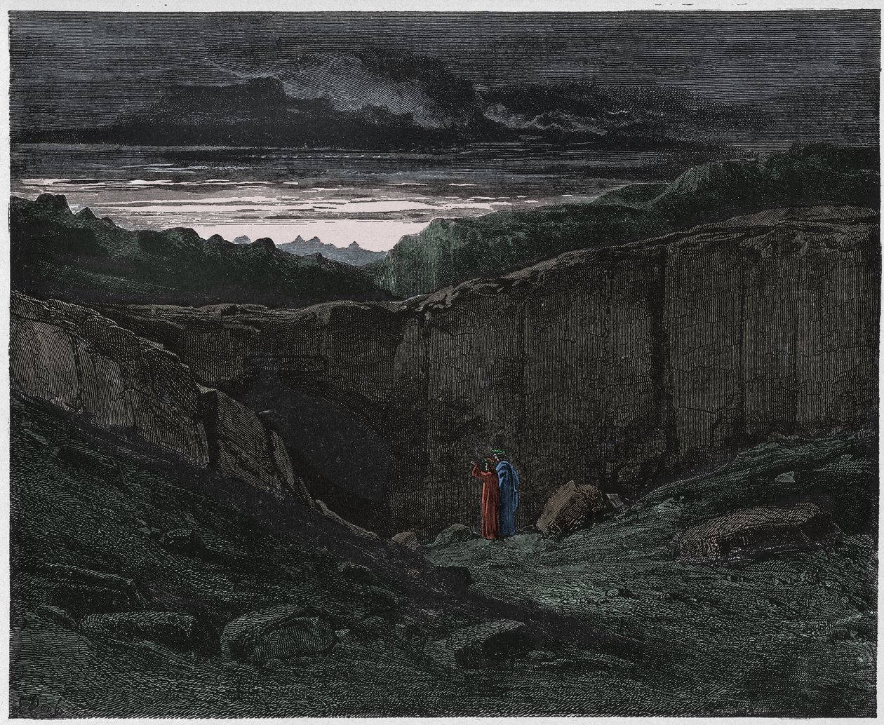 Inferno, Canto 3: Vergilius en Dante bij de poorten van de hel, illustratie uit De Goddelijke Komedie van Dante Alighieri, 1885 (digitaal ingekleurde gravure) door Gustave after Dore