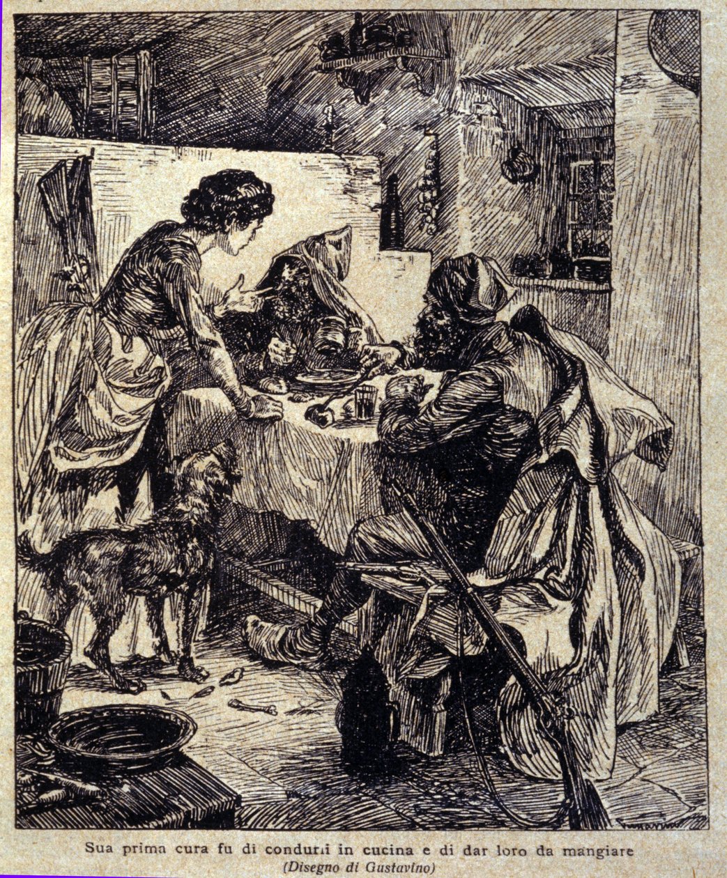 Zijn eerste zorg was om ze naar de keuken te brengen en te voeden... Illustratie van de nieuwe "Colomba" geschreven door Prosper Merimee. Gravure door Gustavino (Gustavo Rosso), circa 1915 door Gustavo Gustavino Rosso