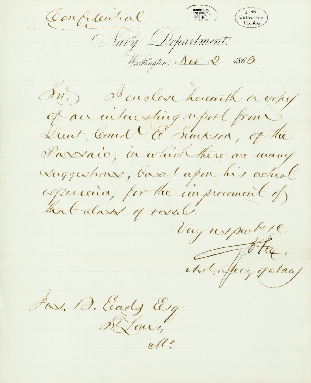 Brief ondertekend door G.V. Fox, Ministerie van Marine, Washington, aan Jas. B. Eads [James B. Eads], St. Louis, Mo., 2 november 1863 door Gustavus Vasa Fox