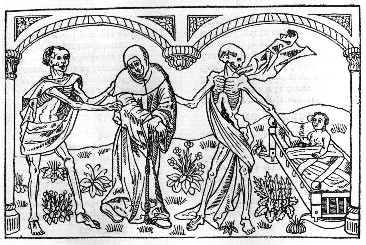 De dood neemt de bedelaar en het kind mee, uit de Danse Macabre, gepubliceerd in Parijs, 1485 door Guy Marchant