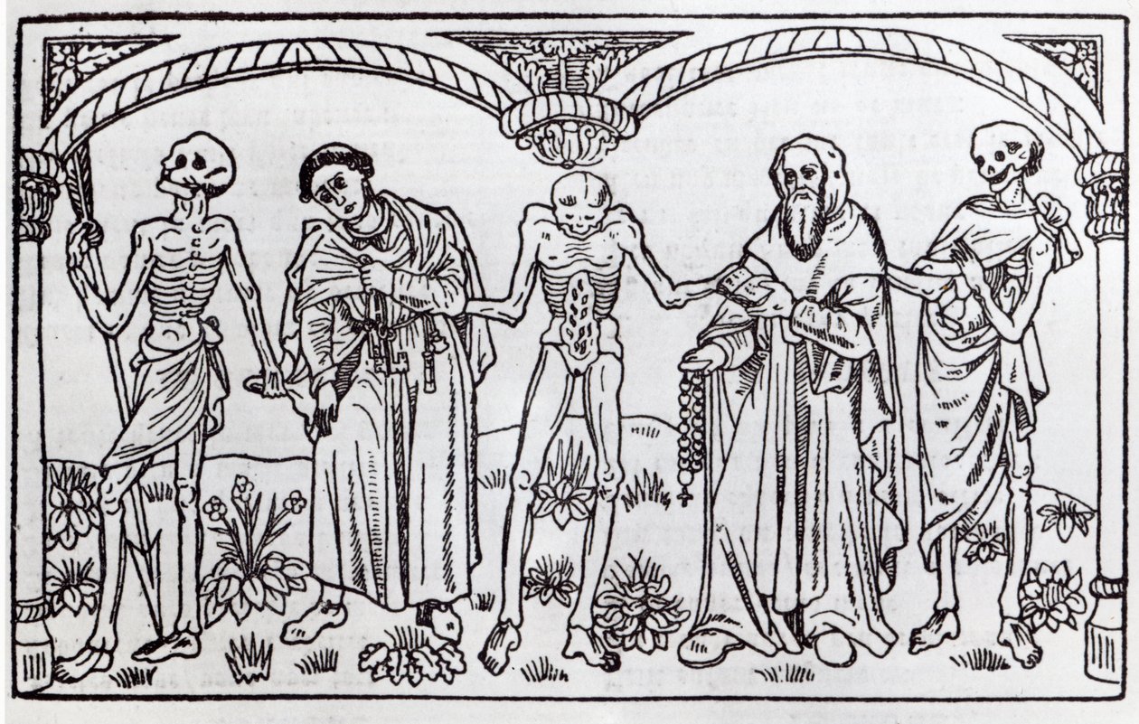 De dood neemt de monnik en de abt, uit de Danse Macabre, gepubliceerd in Parijs, 1485 door Guy Marchant