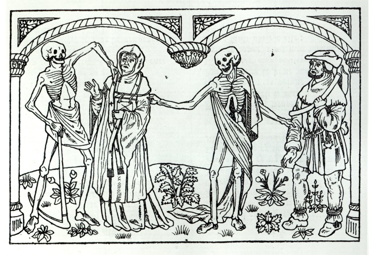 De dood neemt de priester en de boer, uit de Danse Macabre, gepubliceerd Parijs, 1485 door Guy Marchant