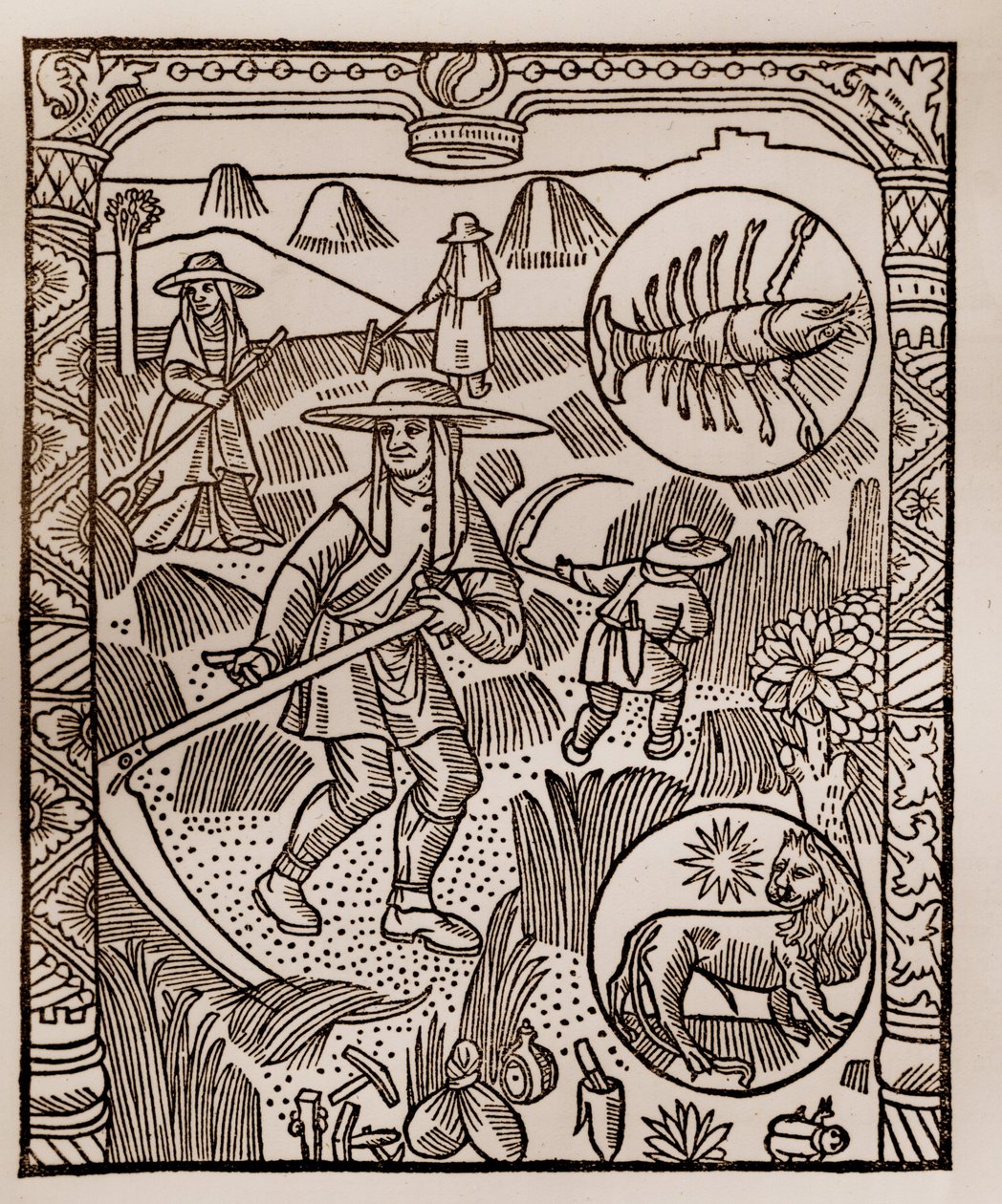 Herderkalender - De Arbeid van de Maanden - Juli - Houtsnede uit het boek van 1496 gedrukt door Guy Marchant (Guido Mercator) in Troyes - Hooien, het maaien van hooi - Houtsnede in 