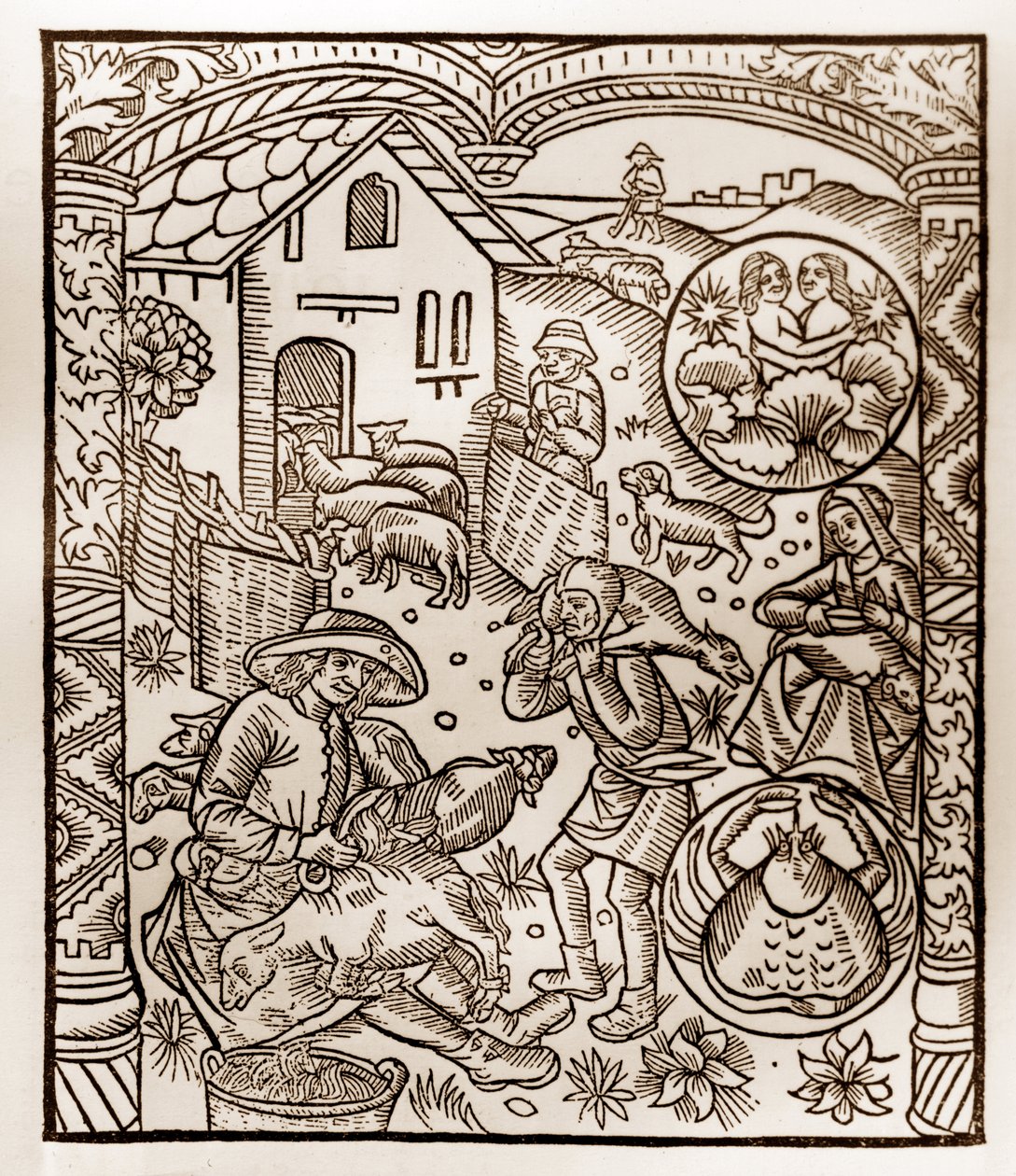 Herderkalender - De Arbeid van de Maanden - Juni - Houtsnede uit het boek van 1496 gedrukt door Guy Marchant (Guido Mercator) in Troyes - Houtsnede in 