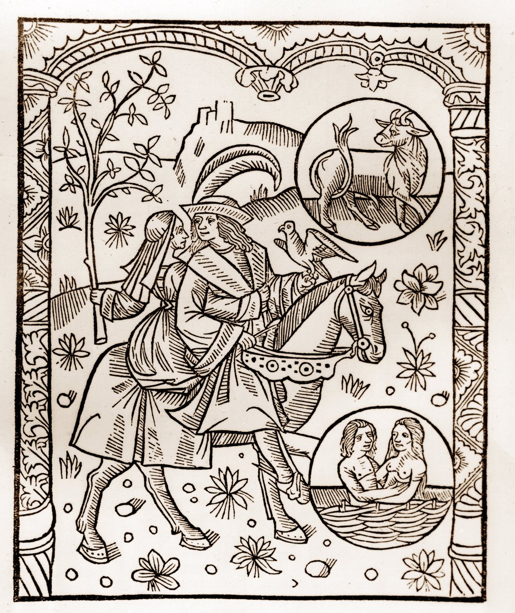 Herderkalender - De Arbeid van de Maanden - Mei - Houtsnede uit het boek van 1496 gedrukt door Guy Marchant (Guido Mercator) in Troyes - Houtsnede in 