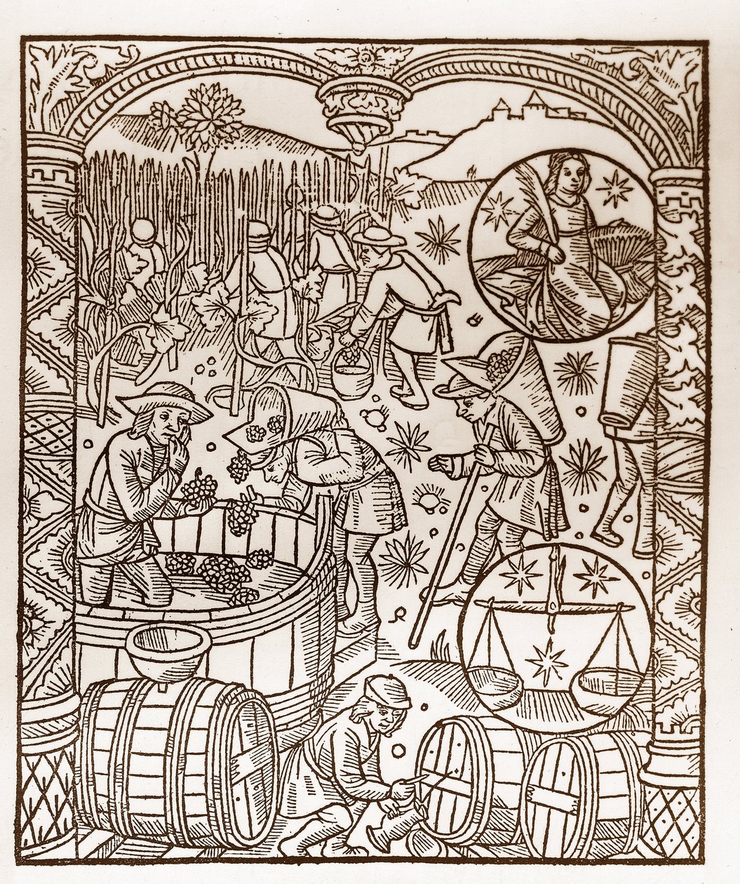 Herderkalender - De Arbeid van de Maanden - Oktober - Houtsnede uit het boek van 1496 gedrukt door Guy Marchant (Guido Mercator) in Troyes - Houtsnede in 