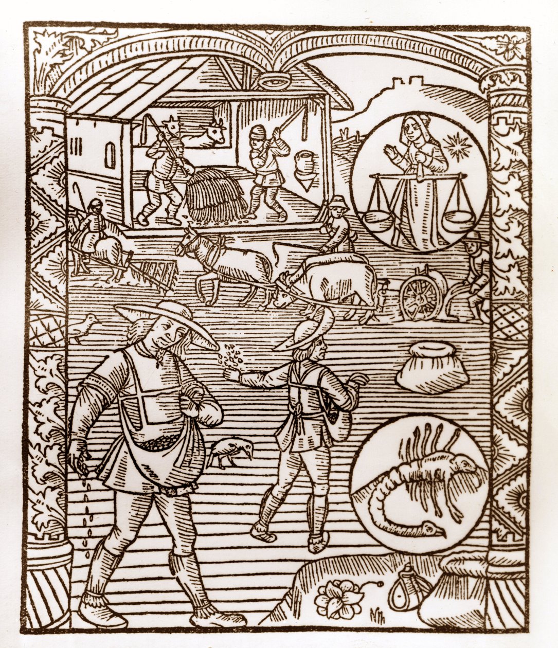 Herderkalender - De Arbeid van de Maanden - September - Houtsnede uit het boek van 1496 gedrukt door Guy Marchant (Guido Mercator) in Troyes - Op de voorgrond, boeren zaaien uit de hand - Houtsnede in 