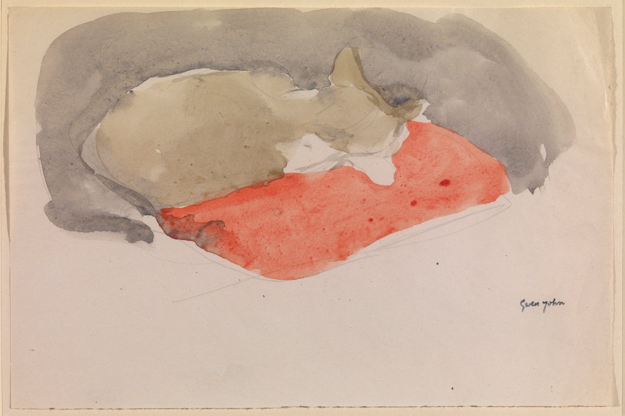 Kat Slapend op een Rode Kussen door Gwen John
