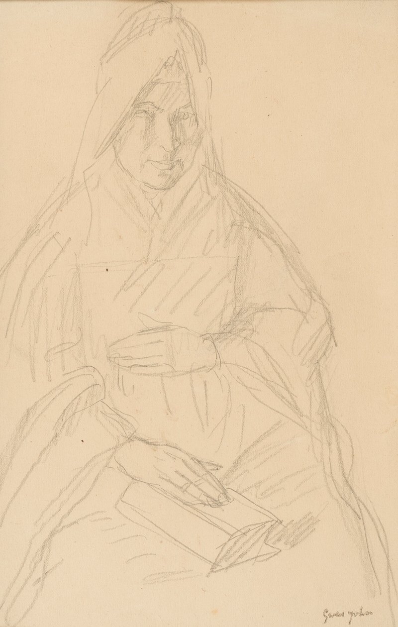 Studie voor Mere Poussepin zittend aan een tafel, c.1915 door Gwen John