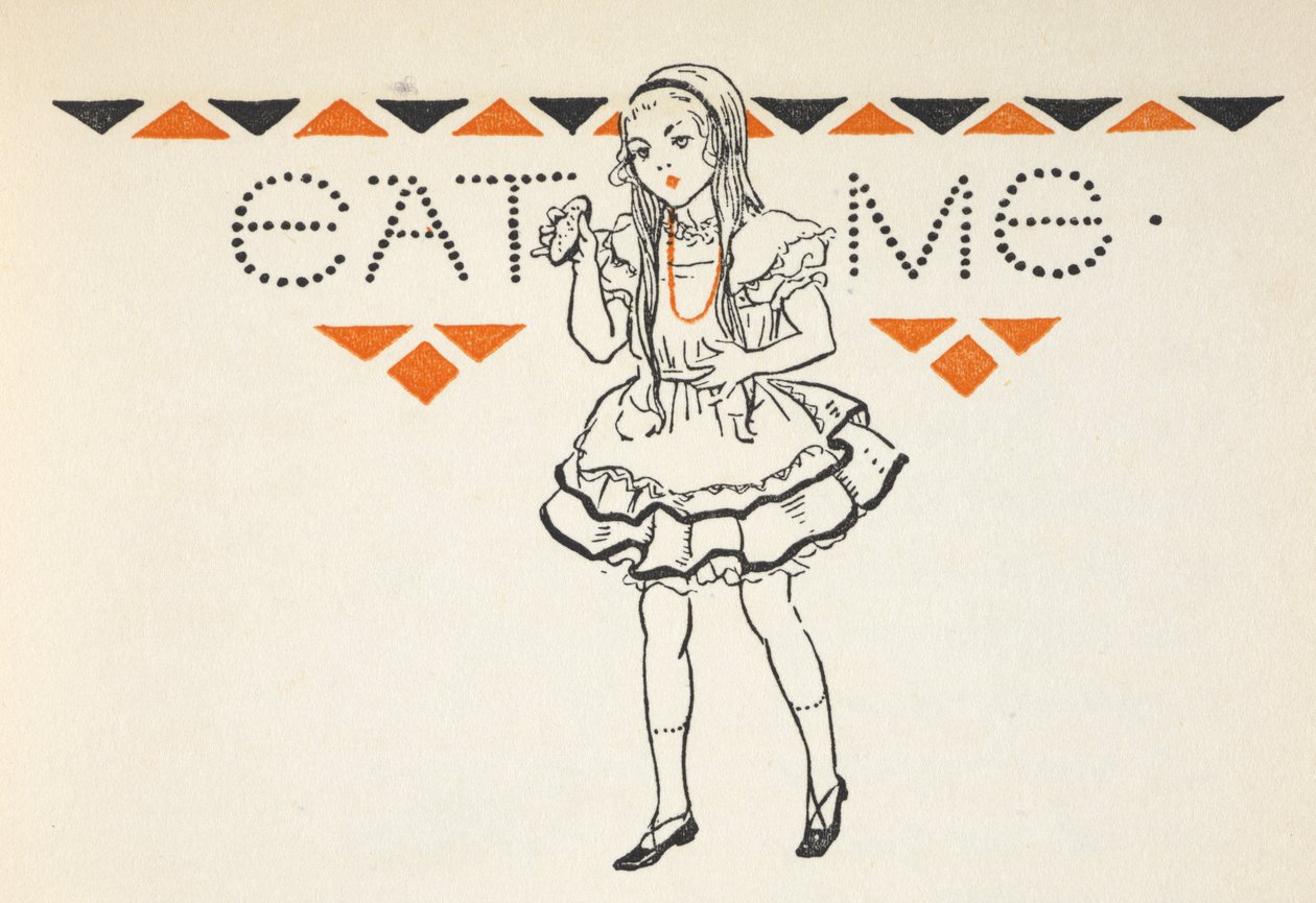 Illustratie van Alice met een klein taartje met de woorden 