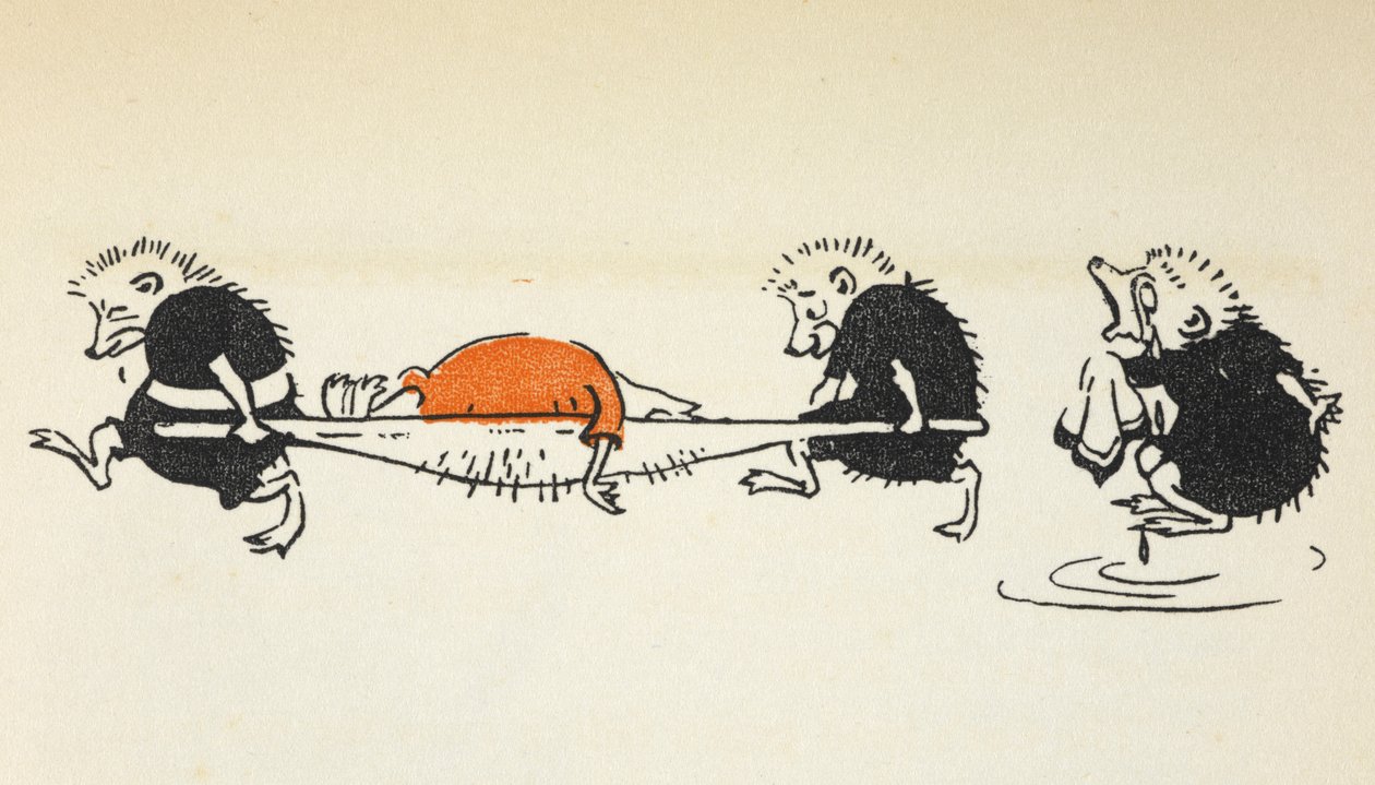 Illustratie van twee egels die een gewonde croquetspeler dragen, gevolgd door een andere huilende egel door Gwynedd M. Hudson