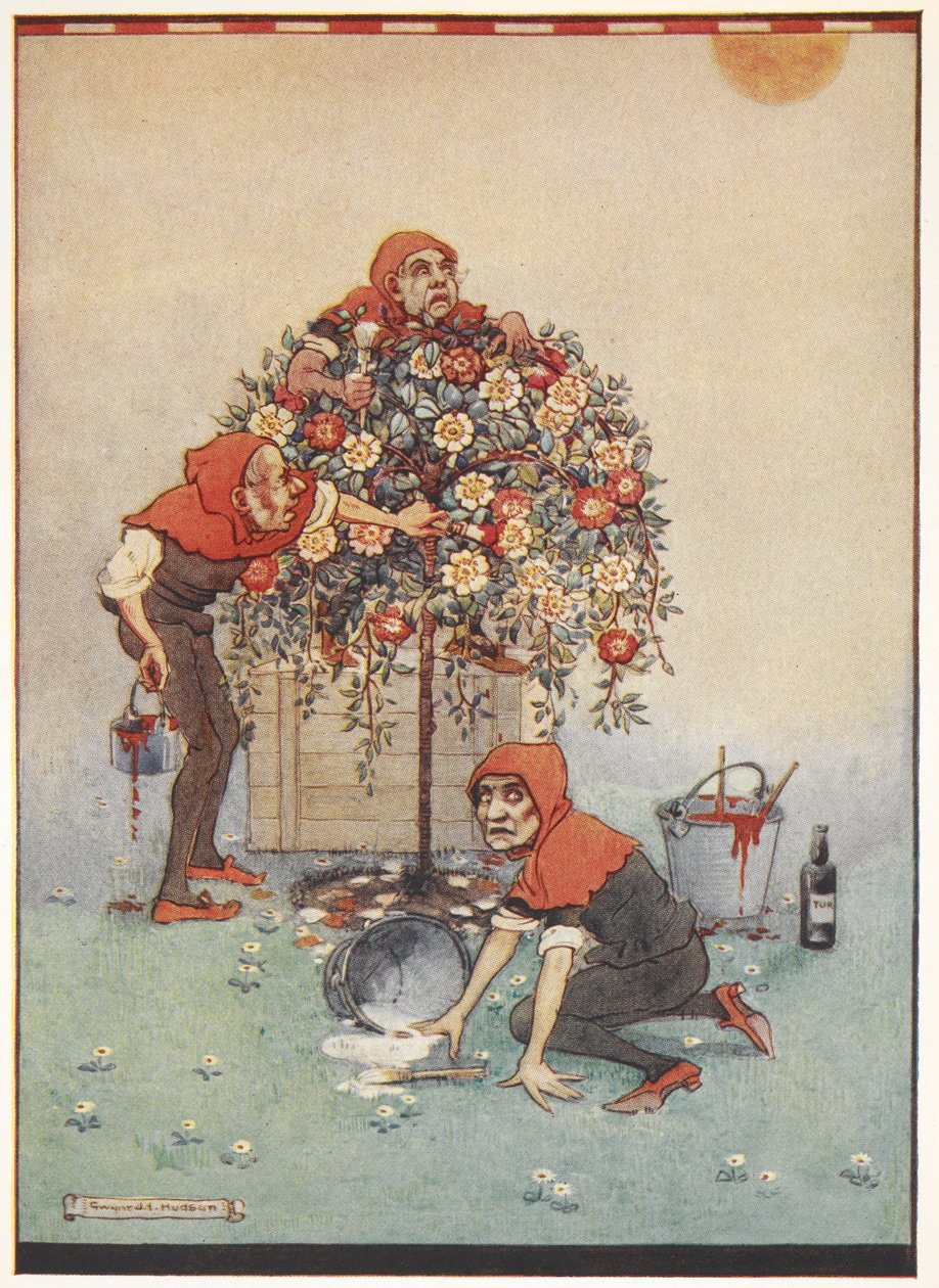 De tuinmannen van de Hartenkoningin schilderen de rozen van wit naar rood, uit Alice in Wonderland door Gwynedd M. Hudson