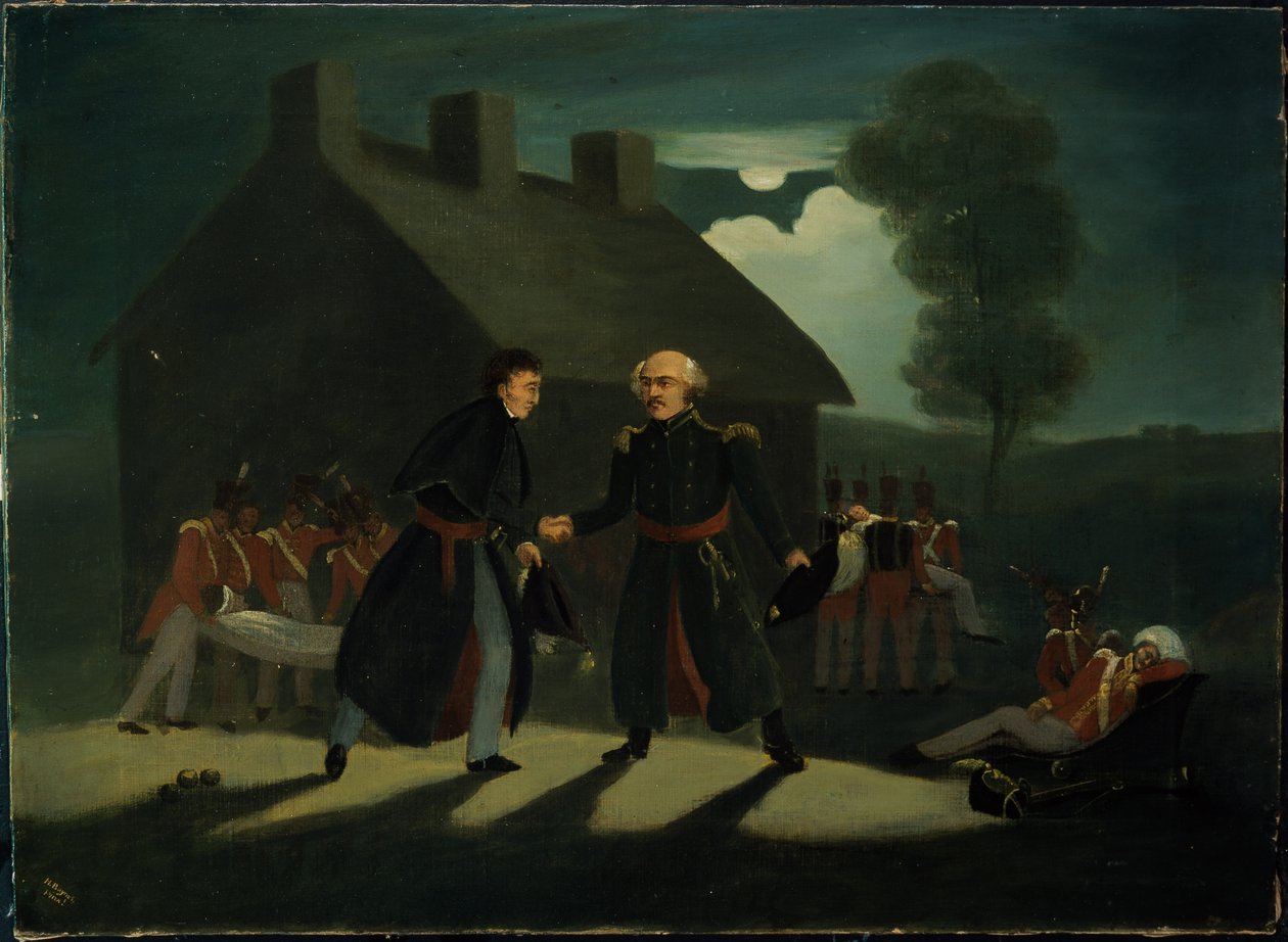 De ontmoeting van Wellington (1769-1852) en Blucher (1742-1819) bij La Belle Alliance na de Slag bij Waterloo, c.1820 door H. Baynes