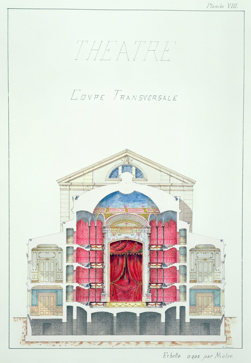 Dwarsdoorsnede van een Theater, plaat VIII uit een folio van ontwerpen, c.1870 door H. Monnot