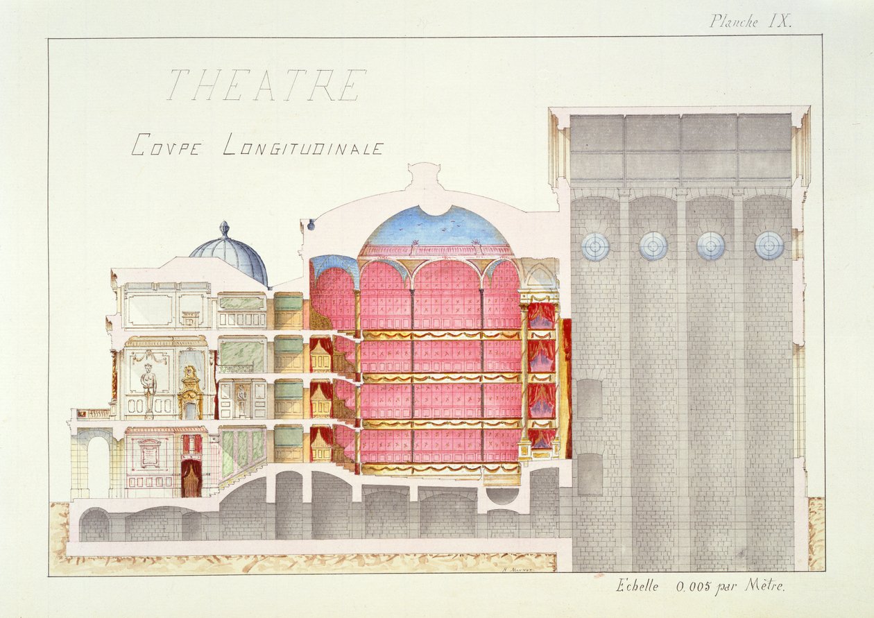 Dwarsdoorsnede van een theater, plaat IX uit een folio van ontwerpen, c.1870 door H. Monnot