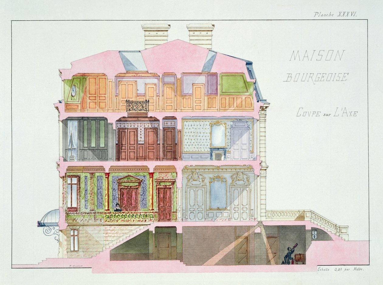 Dwarsdoorsnede van huis voor de bourgeoisie, plaat XXXVI uit een folio van ontwerpen, ca. 1870 door H. Monnot